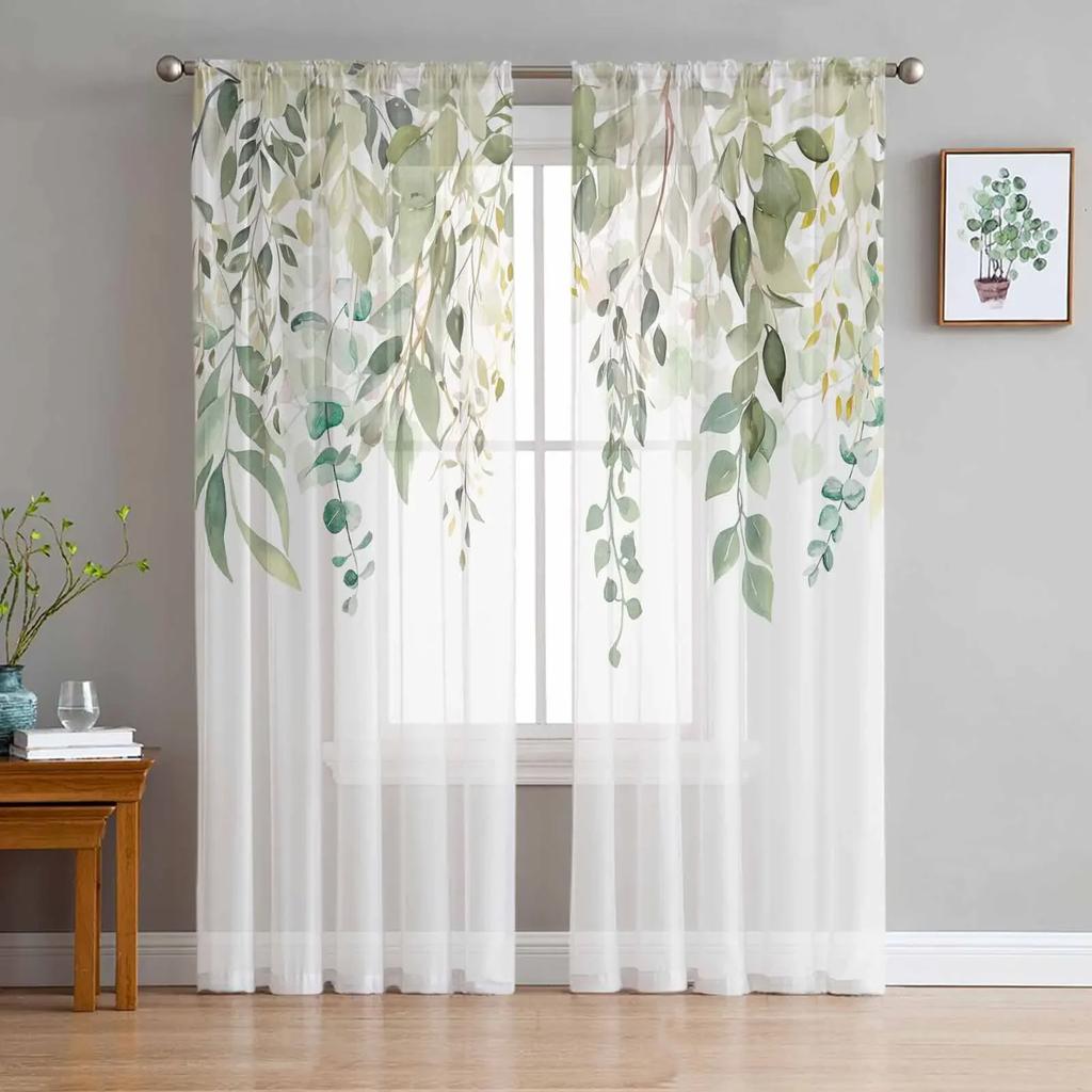 Frühlingsaquarell Pflanze Eukalyptusblätter Transparente Vorhänge für Wohnzimmerdekoration Fenstervorhang Küche Tüll Voile Drapierungen