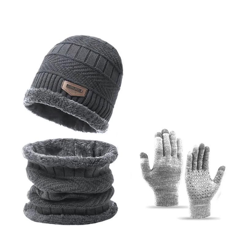Winter Warm Set: Non-Slip Touchscreen Gloves, Knitted Hat, and Thick Velvet Wool Scarf