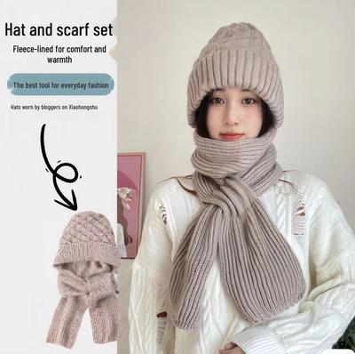 Women's Winter Hat and Scarf Combo: Windproof, Snowproof, Fleece-Lined Woolen Hat with Knitted Buttoned Earflaps.
