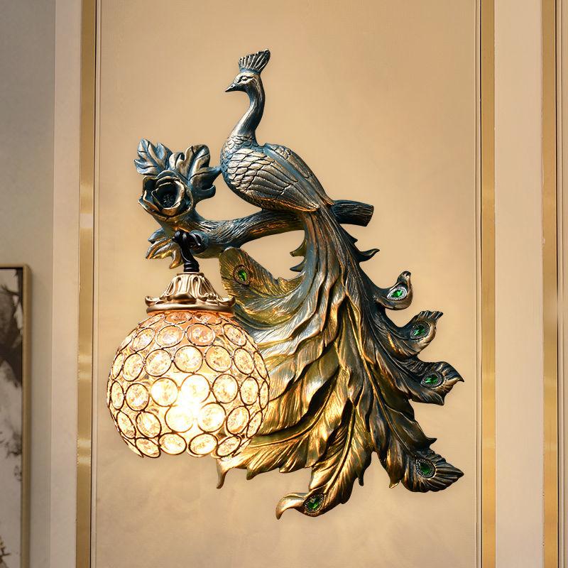 Retro European-Style Peacock Wall Lamp for Living Room or Bedroom Decor