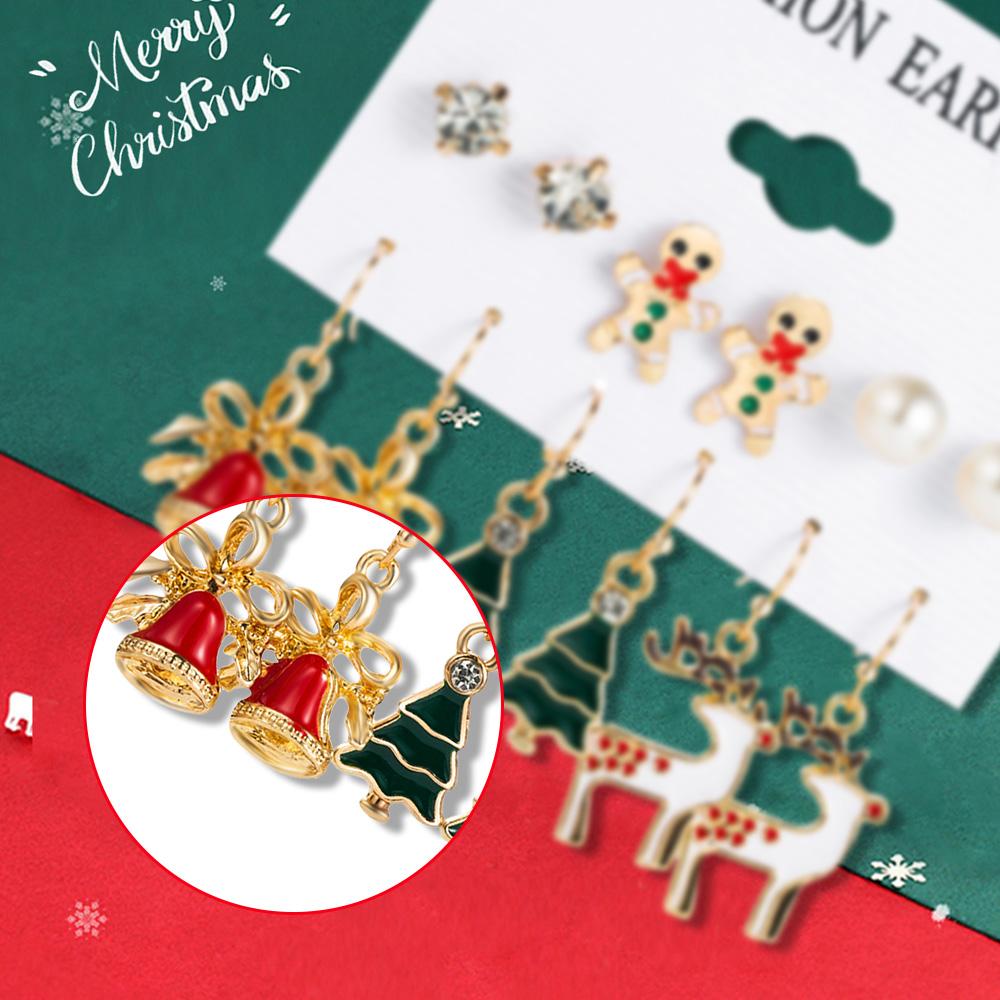 6 Piece Set Of Women Fashionable And Simple Christmas Series Christmas Tree Bells Deer Pattern Earrings Accessorie And Ornaments