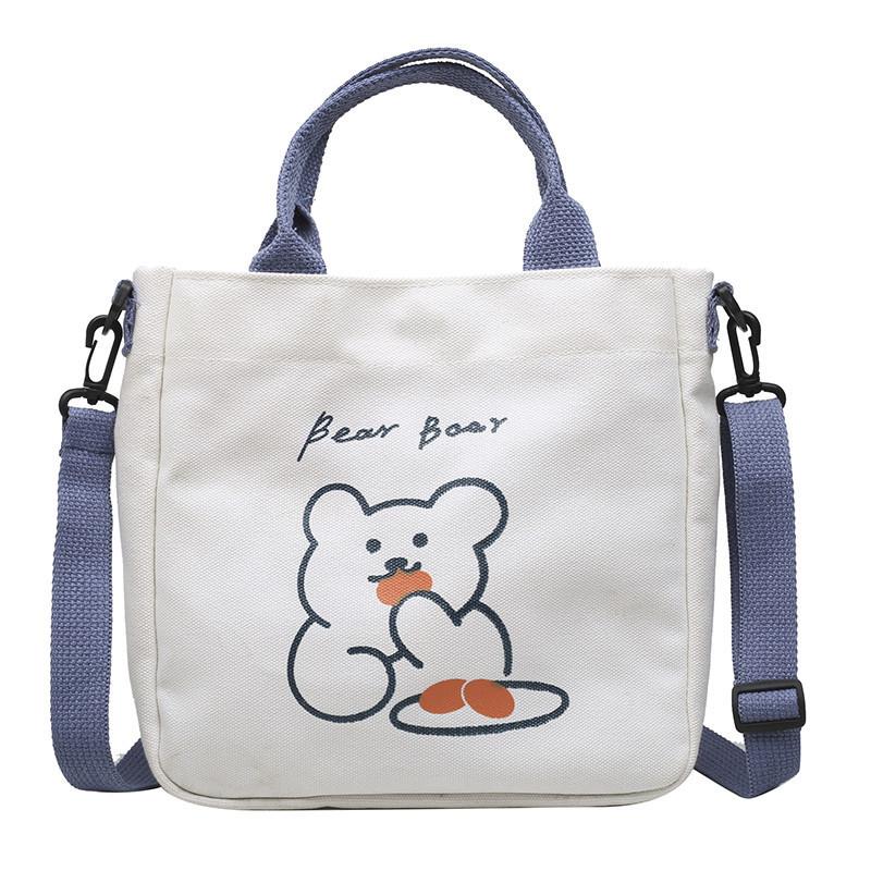 Canvas Tote Bag With Cartoon Bear Print And Magnetic Closure For Daily Use