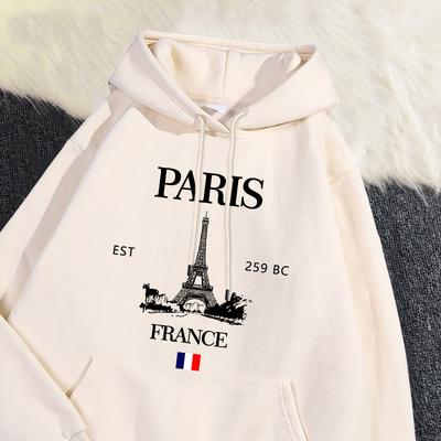 Mode Dames Hoodies Parijs Frankrijk Eiffeltoren Print Sweatshirt Zak Zacht Warm Ademend Pullover Herfst Winter Tops