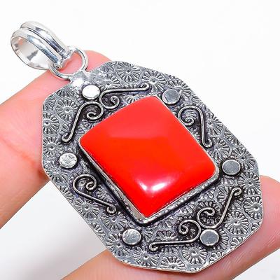 Italian Red Coral Gemstone 925 Sterling Silver Jewelry Pendant 2.40" P8P91