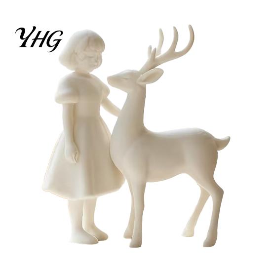 Study Room Desktop Decorations Girl And Deer Figurine, 3D Printed White Artistic Statue, Tabletop Fairy Tale Style Home Decor Ornament Sculpture