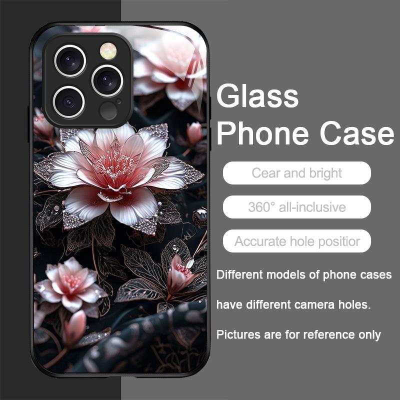Elegante Custodia in Vetro Temperato con Motivo Fiore di Loto per iPhone 17 16 Pro Max 15 14 13 12 Mini 11 X XS MAX XR 7 8 Plus Cover