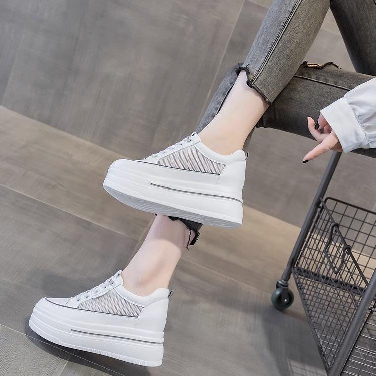 Board shoes women's inner height increase women's shoes muffin thick sole 2025 spring leather new casual mesh small size white shoes women