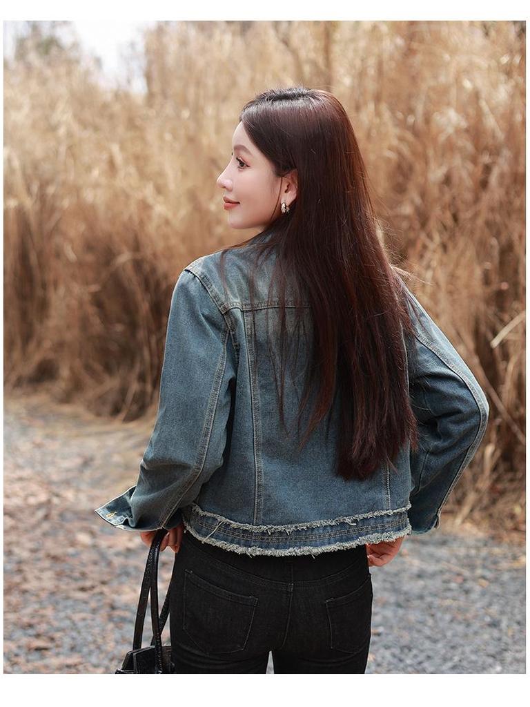 Women's Retro Short Denim Jacket with Polo Collar