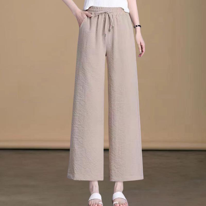 Mom s Women Ice Silk High-Waisted Wide-Leg Summer Pants, Loose Straight Nine-Point Style M 42.5-50kg