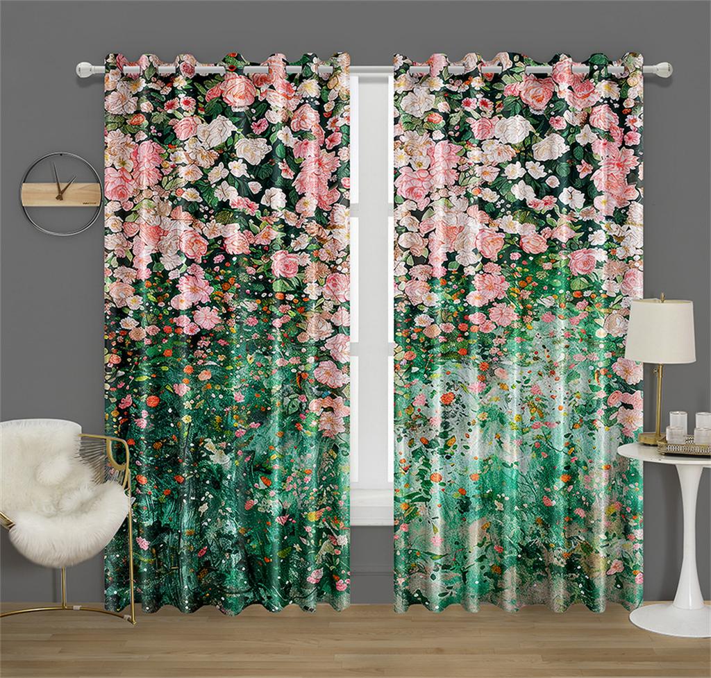 Colorful Rich Flowers Pattern Curtains Green and Peach Flowers Kitchen Decor Curtains Bedroom Living Room Window Decor 2 Panels