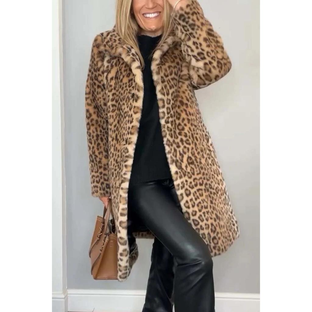 Cappotto da donna con revers, monopetto, stampa leopardata, finta pelliccia, lunghezza media