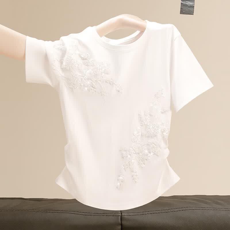 Damen Sommer Baumwolle Rundhals T-Shirt mit Applikation