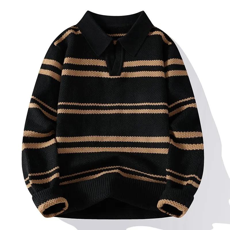 Autumn Winter Men's Striped Polo Collar Knitted Sweater Youthful Vitality Long Sleeve Turn Down Collar Casual Knit Pullovers Men