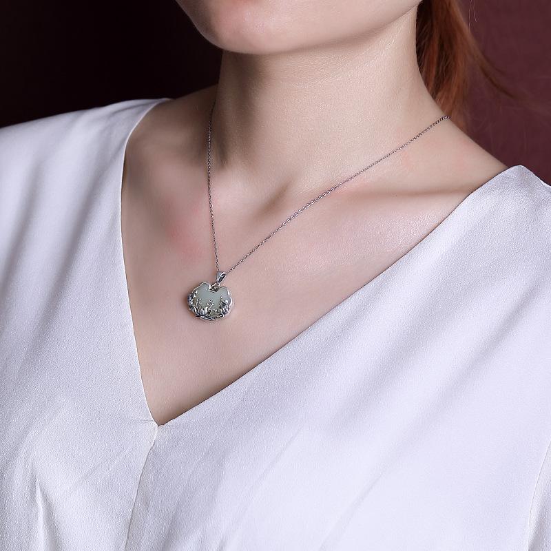 Retrô Natural Jade An Colar Flor de Lótus em Forma de Peixe Estilo Chinês Pingente Ruyi Corrente para Clavícula Joias