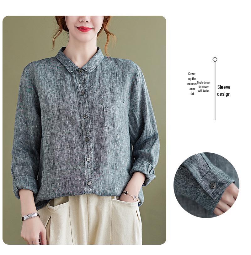 2026 Spring Retro Loose Fit Cotton Linen Lapel Shirt - Women's Plus Size, Long Sleeve