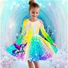 Mädchen Freizeitkleid mit 3D-Einhorn-Print, Rundhalsausschnitt, lange Ärmel, Kinder Prinzessinenkleid