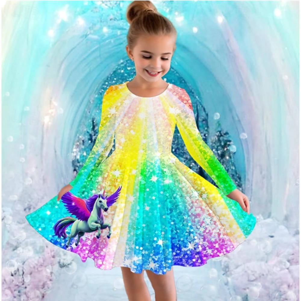 Mädchen Freizeitkleid mit 3D-Einhorn-Print, Rundhalsausschnitt, lange Ärmel, Kinder Prinzessinenkleid