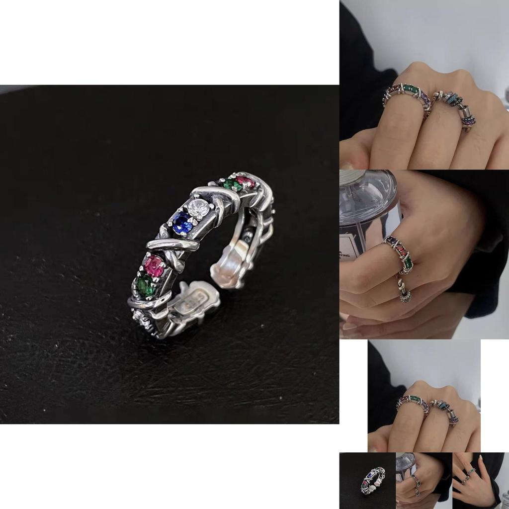 Elegant Retro Inspired Rainbow Zircon Copper Ring For Women Fashion Accessory