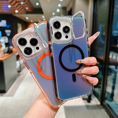 Magsafe Magnetic Lens Protection Stand Phone Case for iPhone 16 15 11 12 13 14 Pro Max Plus Camera Transparent Metal Ring Cover