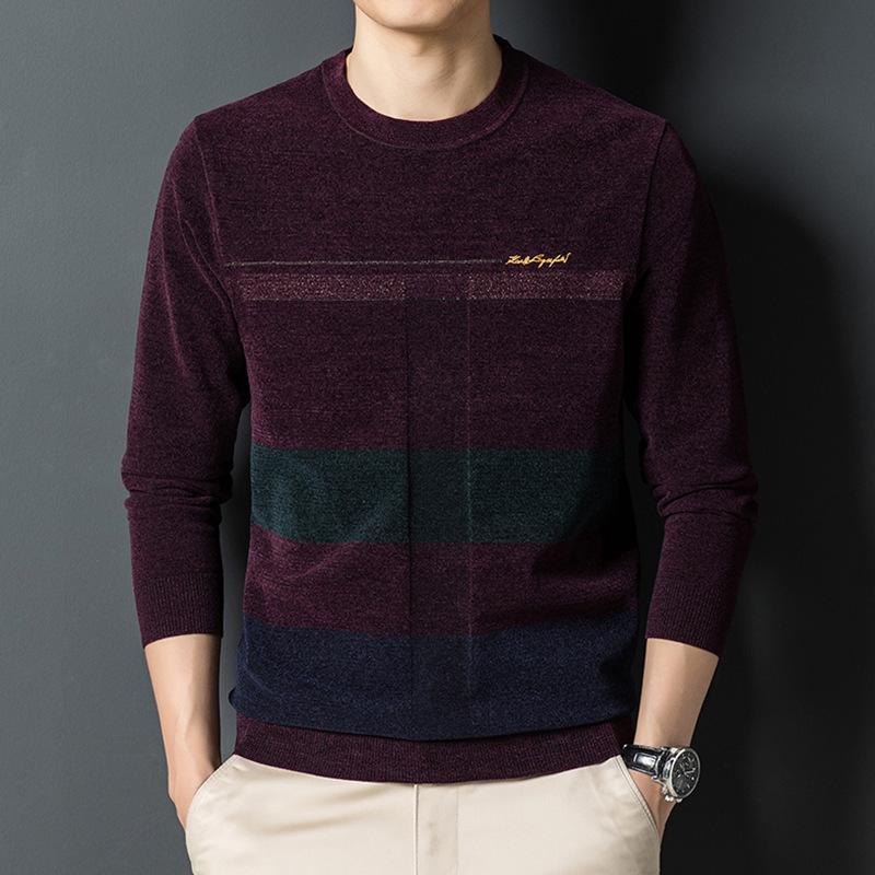 Pull Chenille Col Ras du Cou Mode Homme Mode Affaires Manches Longues Automne/Hiver Chaud Pull Tricoté Top Tigre M black
