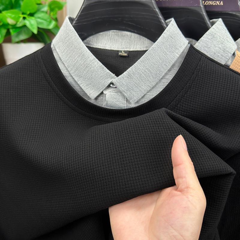 New Spring Autumn Style Men's Fake Two-Piece Shirt Collar Sweatshirt Long Sleeve Loose Trendy Fashion Versatile Base Layer Top