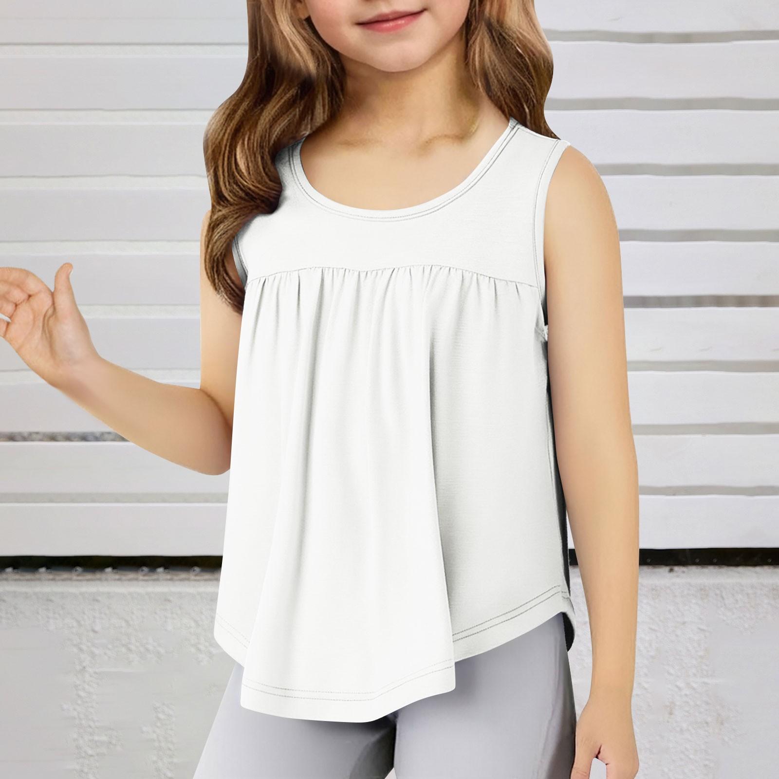

Children s Round Neck Casual Solid Color Sleeveless Pleated T-shirt Top 120 білий