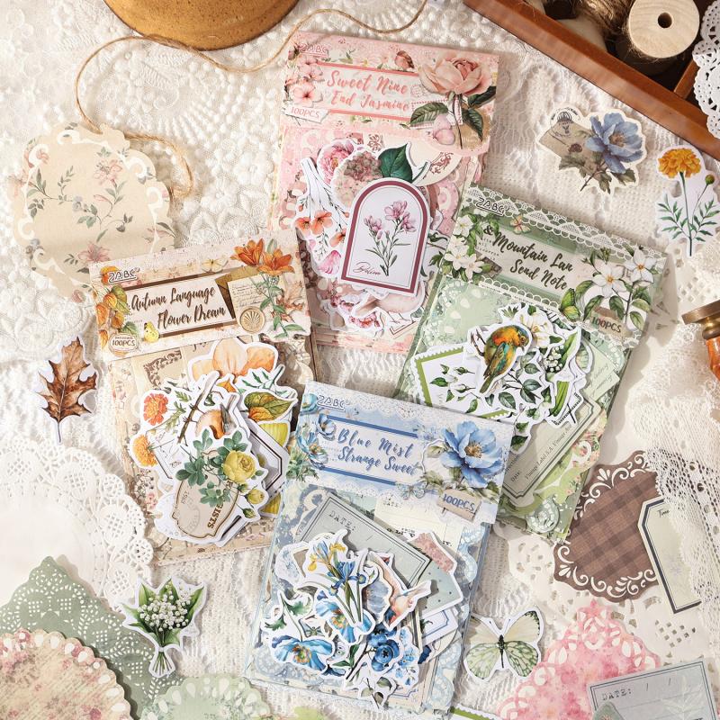 100 - Sheet Vintage Floral Pattern material & Sticker Set, Retro Flower Designs for Hand Account & DIY Crafts