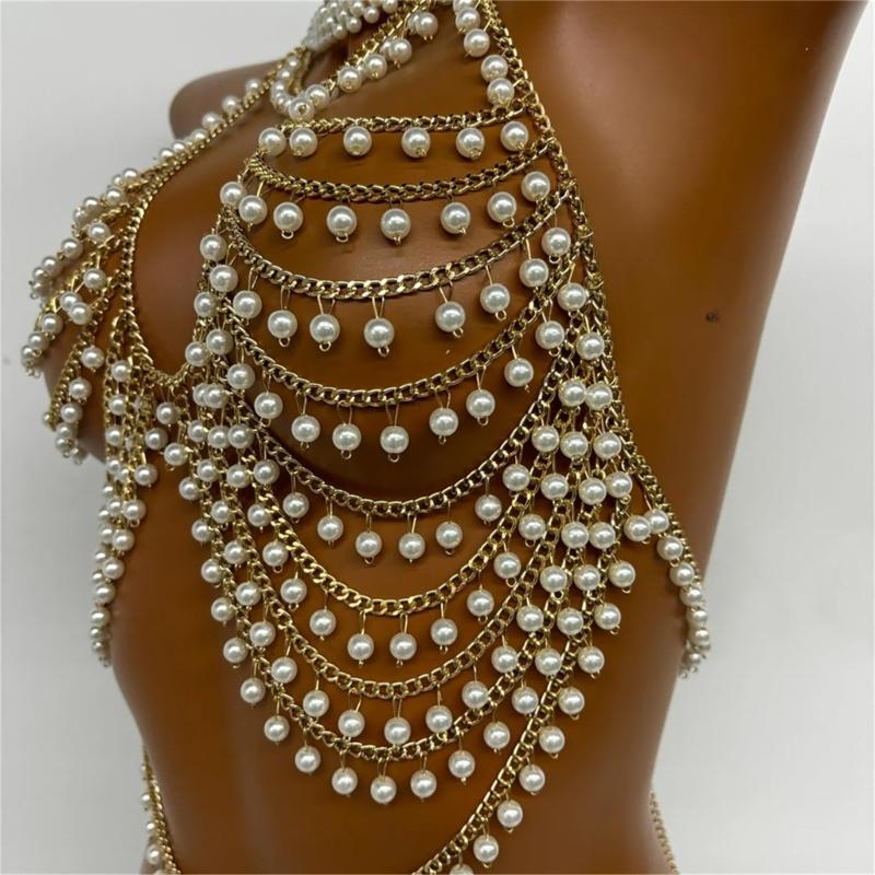 Multi Layer Pearls Beaded Halter Neck Bra Vest for Women Hollowed Chest Chain Body Jewelry Bralette Raves Party Clubwear