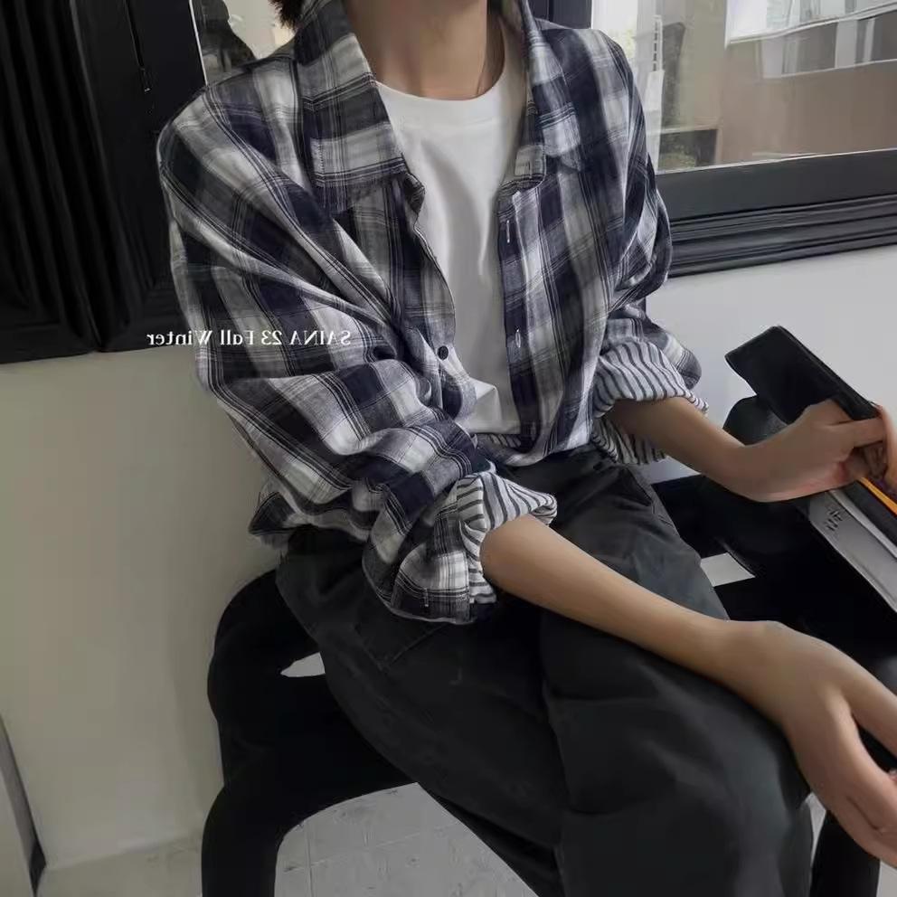 

Женская двухслойная хлопково-льняная блузка в клетку с длинным рукавом - Крупная клетка, Свободный крой, Весна/Осень 2025, Модный повседневный стиль. Large
