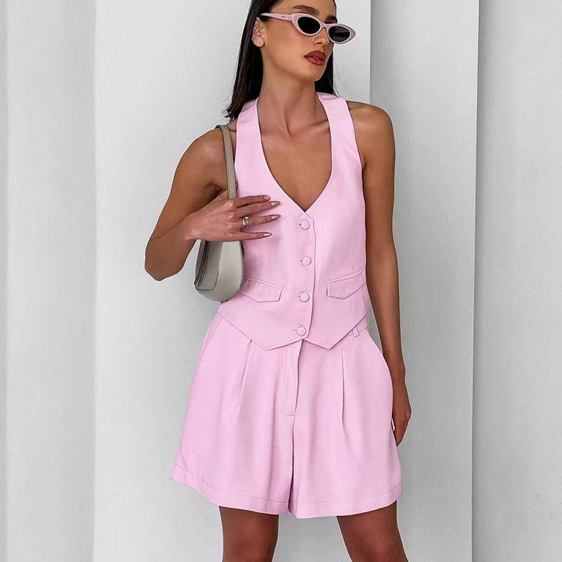 

Western Style Summer Hanging Neck V-neck Vest Shorts Two-piece Set Hanging Neck Vest Shorts Set Pink S