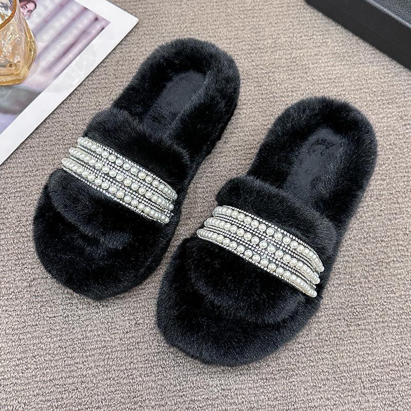 Cotton Slippers Women's Winter New Pearl Indoor Ins Home Household One-word Warm and Non-slip Maternity Plush Slippers