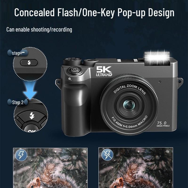 WD07 Mirrorless Digital Camera, 8MP, HD 5K, Dual Front and Rear Cameras, Beauty Self-timer.