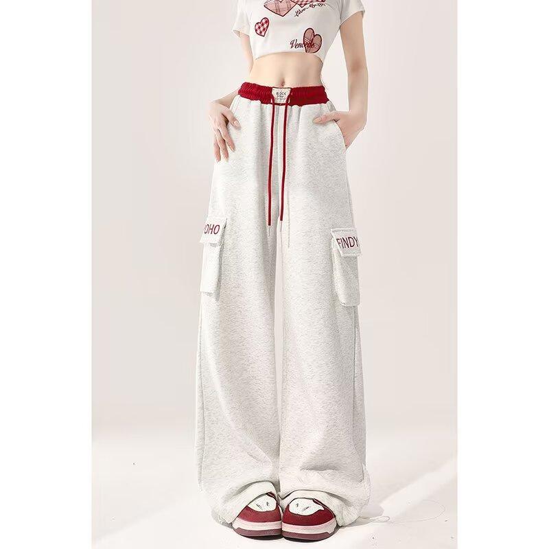 

Vintage splicing embroidered sports casual sweatpants women s autumn and summer big pocket loose straight wide-leg overalls 2XL серый