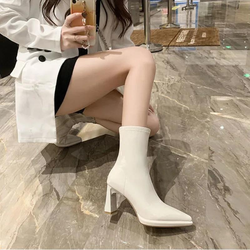 

Women s Half High Boots Elastic Pointed Toe Ladies Mid Calf Shoes Fashion on Promotion Trend 2025 Work Winter Novelty Gyaru New 34