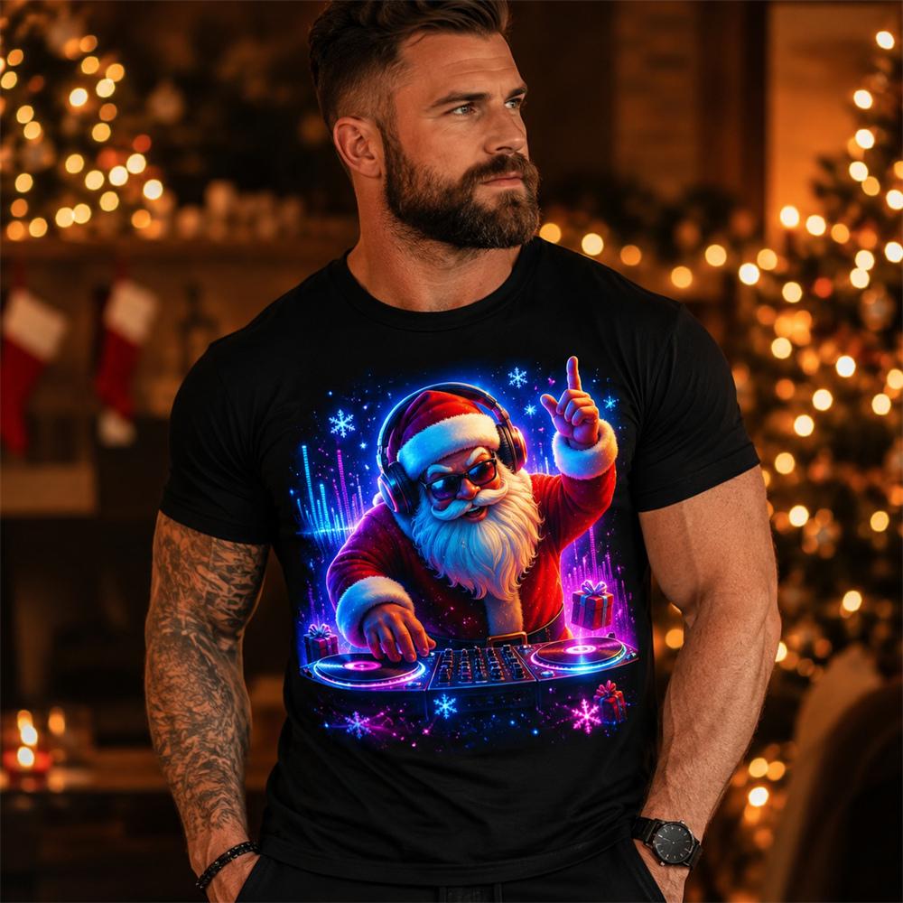 Men's Christmas T Shirt Santa Claus Guitar 3D Print Graphic Short Sleeve Casual Shirt Holiday Party Streetwear Men Clothing