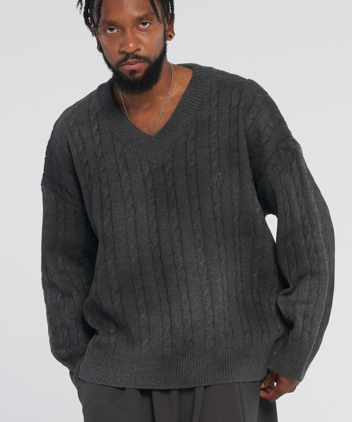 Tener Dirty Spray V-Neck Twisted Knitwear_Charcoal F