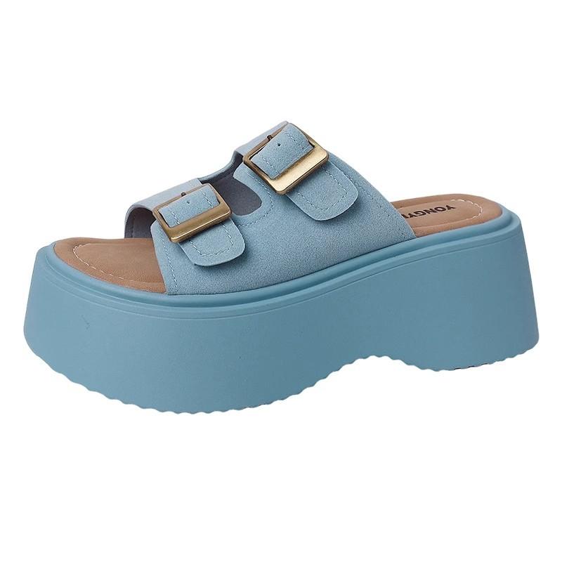 Thick-soled heightening slippers for women's summer outer wear, new one-word drag fashion non-slip cool slippers tide