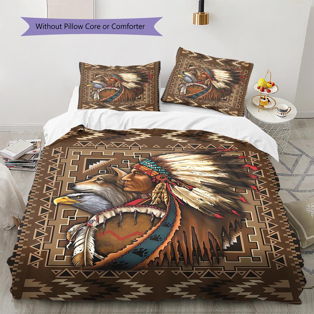 Indian Chief Wolf Bear Pattern Bedding Quilt Set Quilt Cover Pillowcase Home Decoration Birthday Gift (1 * duvet cover + 2 * pillowcase, without core)