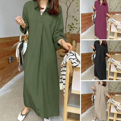 Dress Loose Lapel Long Sleeve Solid Color V Neck Soft Oversized Straight Ankle