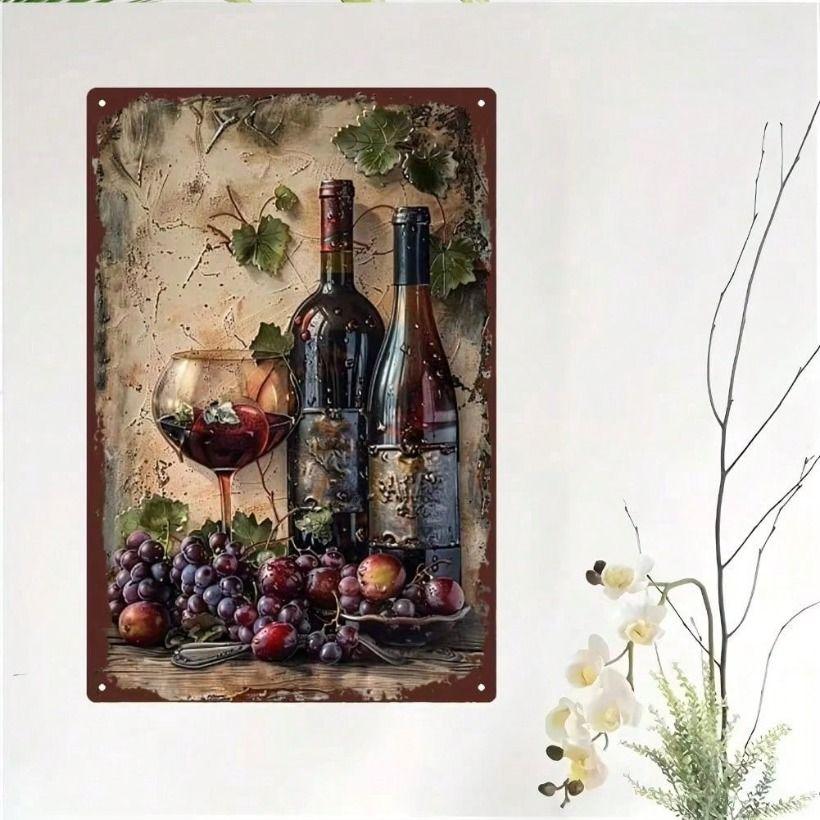 Metal Wall Art Vintage Wine Grape Poster Kitchen Decor Green Leaf 20x30cm
