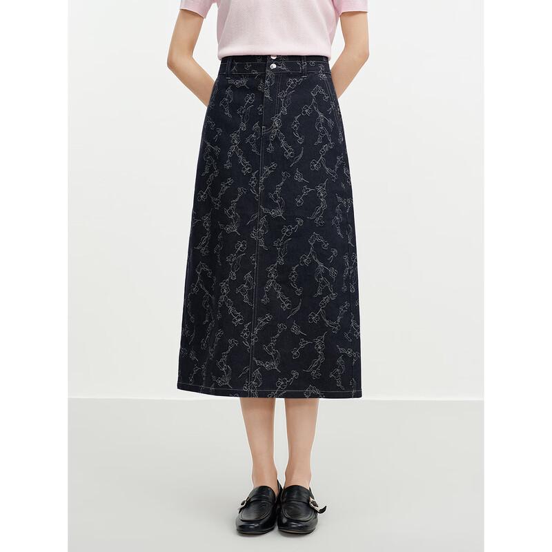 JUZUI Vintage Floral Jacquard Denim Midi Skirt