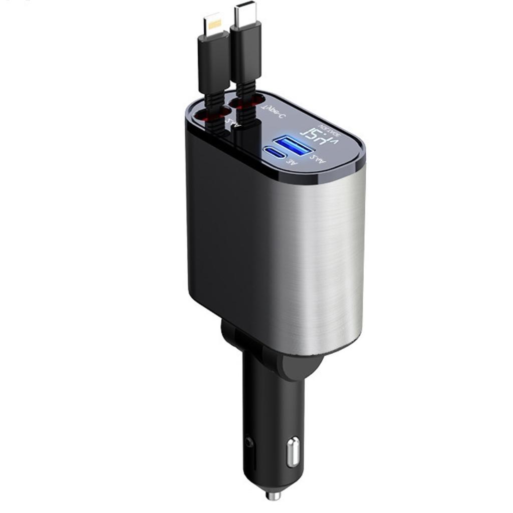 Zatahovací nabíječka do auta 4 v 1, 100W rychlé nabíjení, duální kabely, displej napětí, pro iPhone 15/14/Samsung