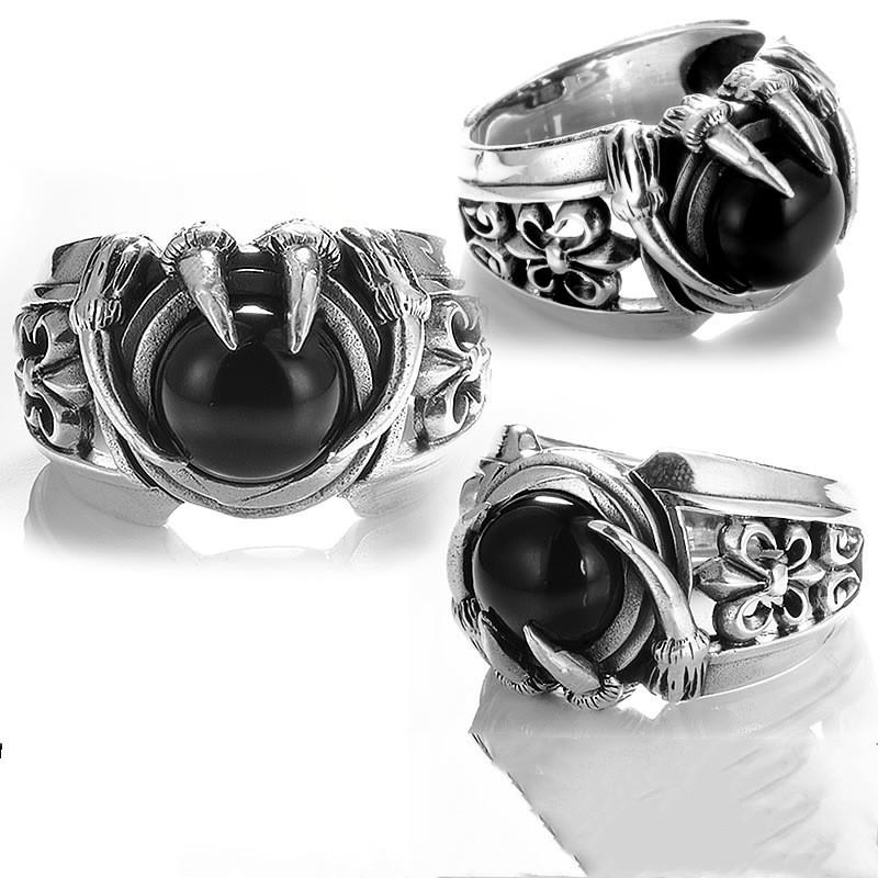 Adjustable Open Ring Men Women Vintage Claw Black Obsidian Style Punk Rock Gothic Finger Copper Jewelry