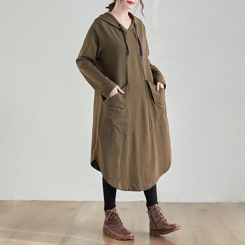2025 autumn new large size loose medium and long sweater skirt women's big pocket solid color hooded dress