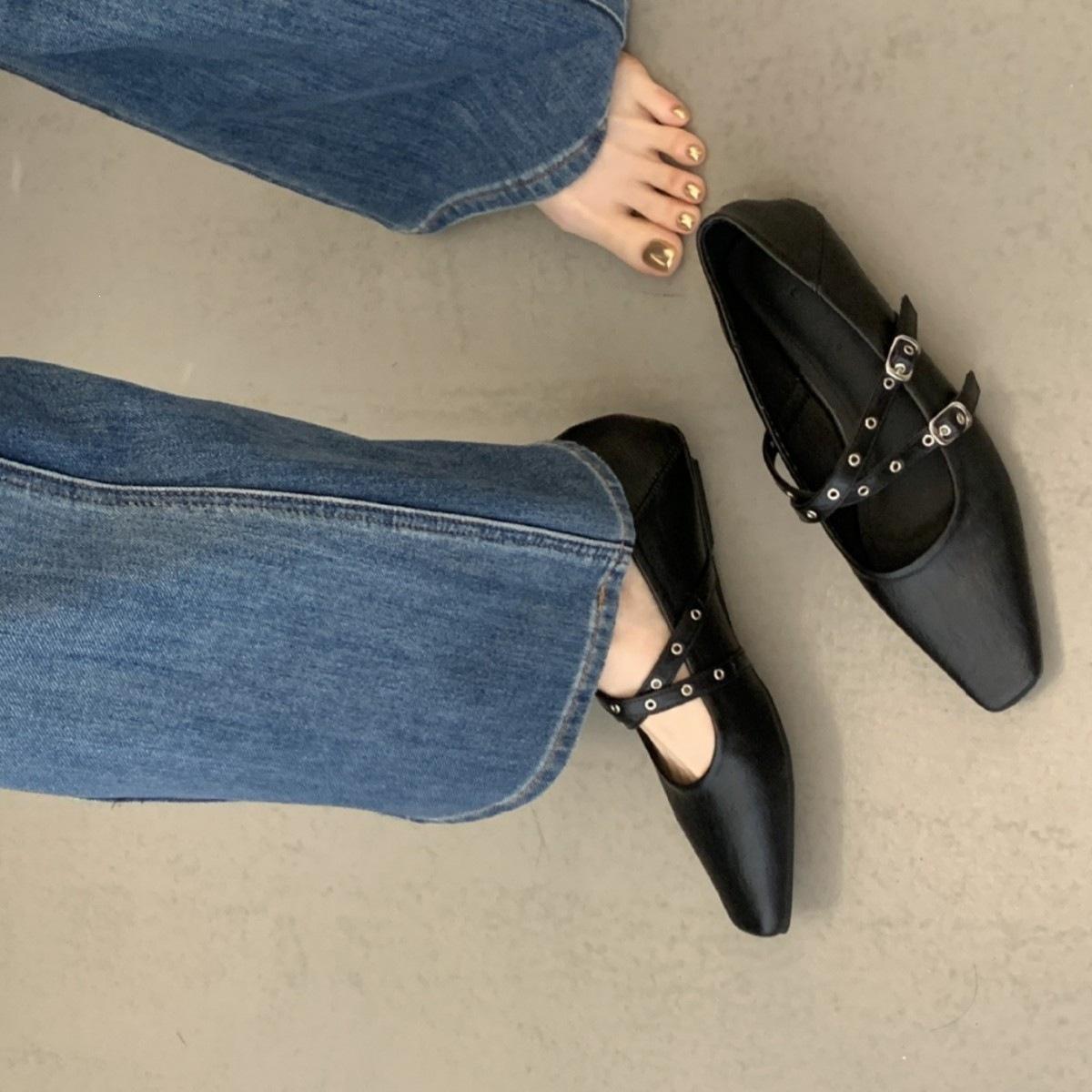 

Spring French Ballet Style Square Head Flat-Soled Single Shoes Women S Shallow Mouth Low Heel One-Word Buckle Mary Jane Women S Shoes 35