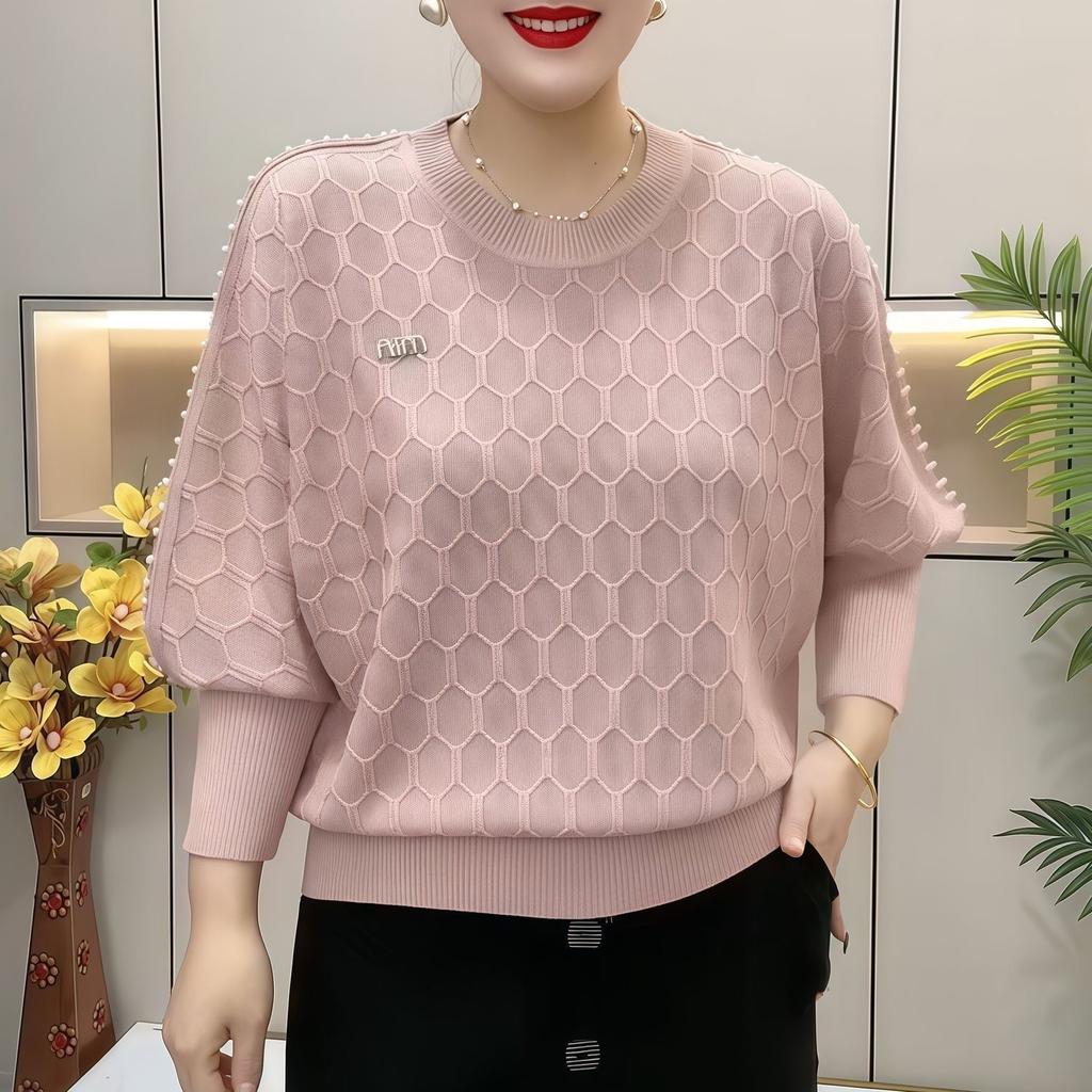 Spring Autumn Women's Plus-Size Sweater Crew Neck Loose Knit Batwing Top Solid Color Soft Knit Pullover Sweater