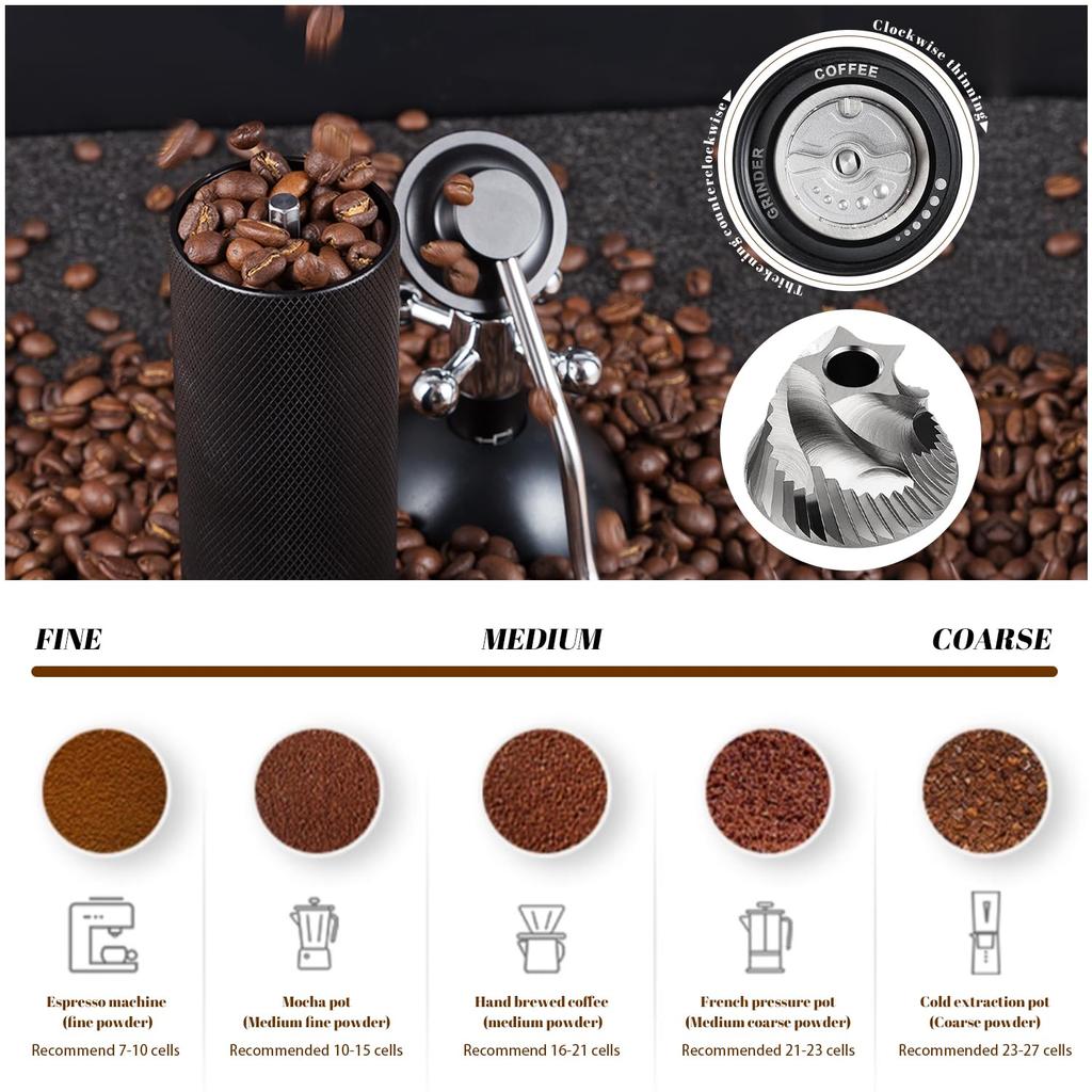 Manual Coffee Grinder with 25g Capacity, Stainless Steel Burr and Wooden Handle, for Home, Office, Camping, and Hiking (Black)