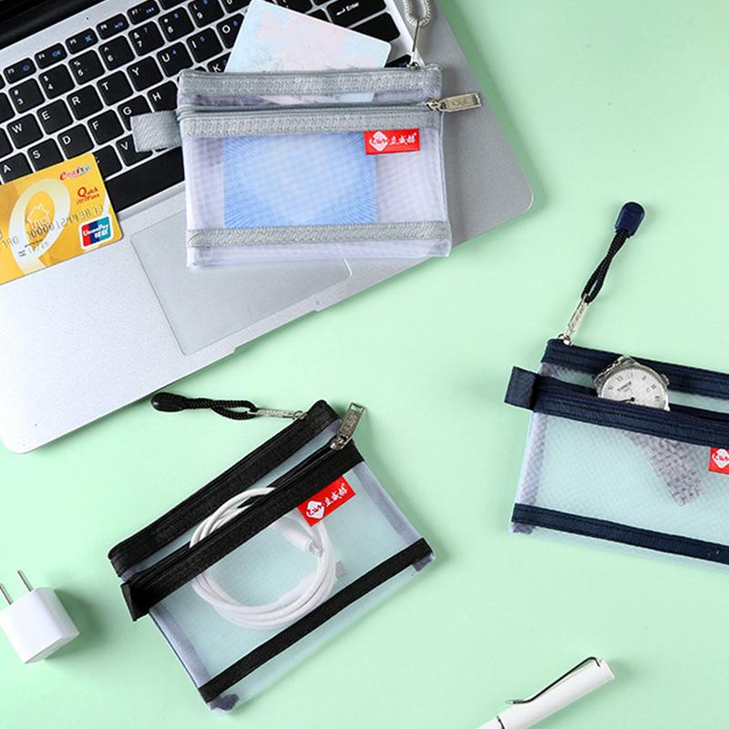 1PC Portable Wallet Double Layer Purses Coin Bag Storage Bag Pouch Mesh Credit Card Earphone