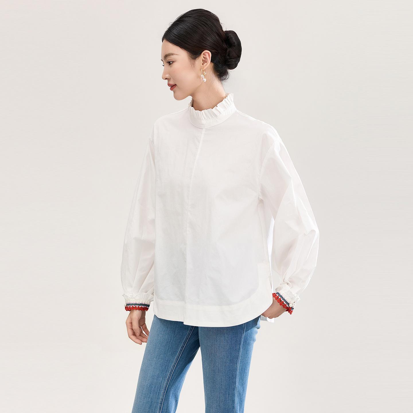 Fresh, Age-Reducing Ruffled Lace Long-Sleeve Shirt with Contrasting Cuffs - Early Spring Nanyou Style Top XL абрикосовый