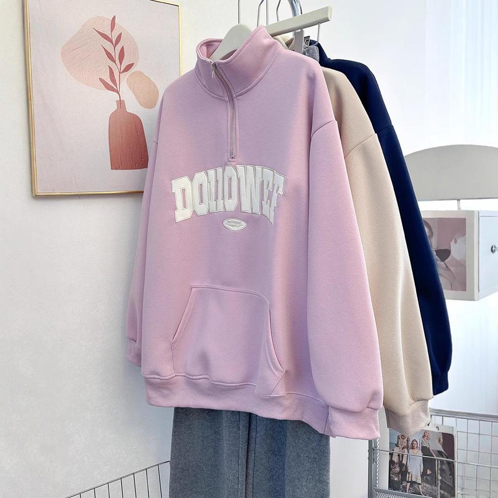 Women's Pink Retro Half-Zip Sweatshirt - Spring Thin, Oversized Streetwear with Stand-Up Collar